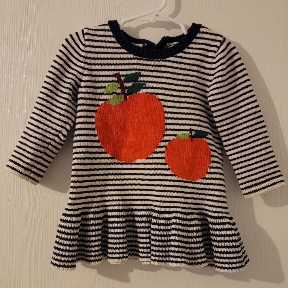Baby Gap Long sleeve Knit Striped Dress with Red Apples Skirt Hem Size 18-24 M